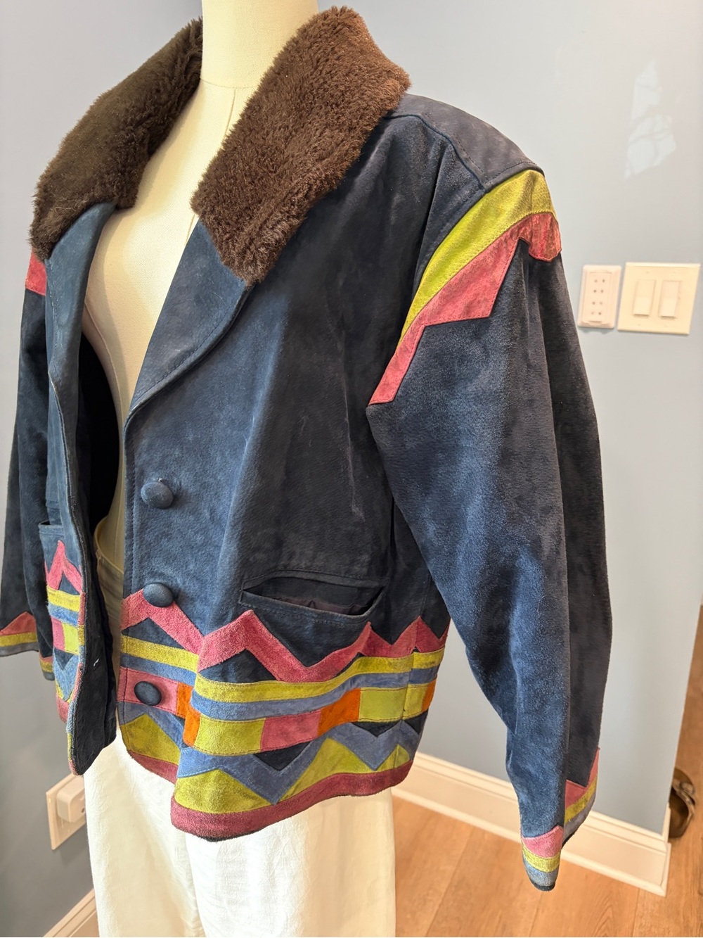 Rare Vintage Sonneur Suede Leather Jacket Faux Fur Collar Southwest Colorblock - Picture 2 of 10